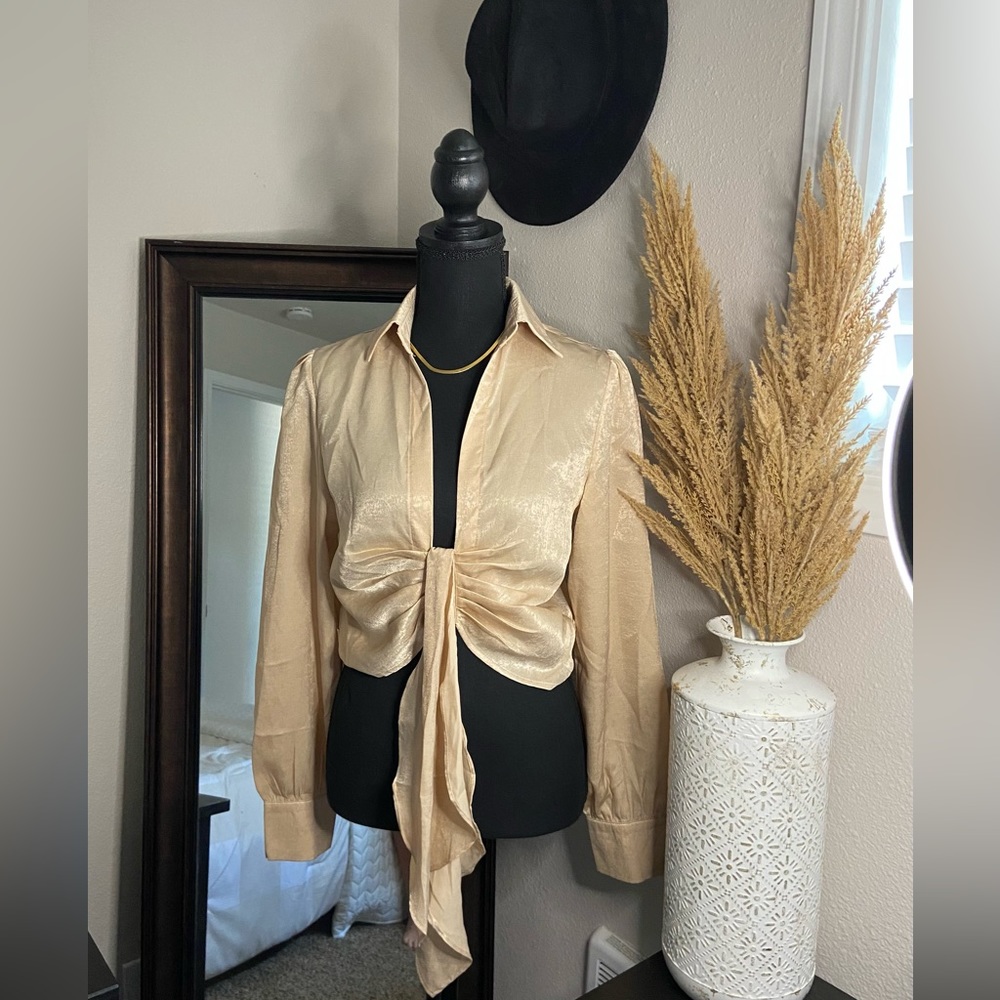 NWOT Champagne tie front crop top